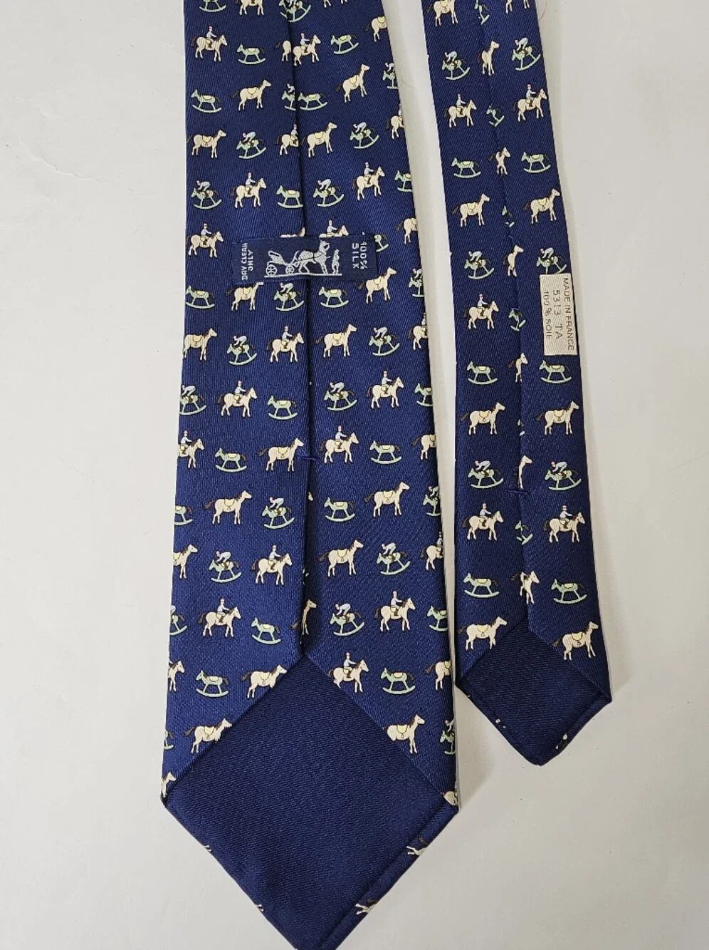 Authentic Hermès Paris Navy Silk Equestrian Horse / Rocking Horse Print Tie Luxe